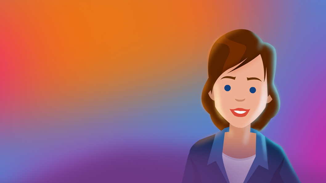 Picture showing a business woman on the right of an orange and purple backdrop. She represent the "Marketing & Customer Experience" capability in which Percipion, Aeteos NLU solution can be used to add value to 9 (nine) Marketing & customer support use cases.