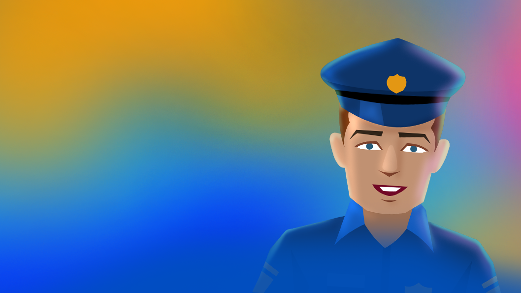 Picture showing a male police officer on the right of a blue, yellow and pink backdrop. It represent the cybersecurity capability, in which Percipion, Aeteos NLU solution (not AI) can comprehend 186 moderation categories. 