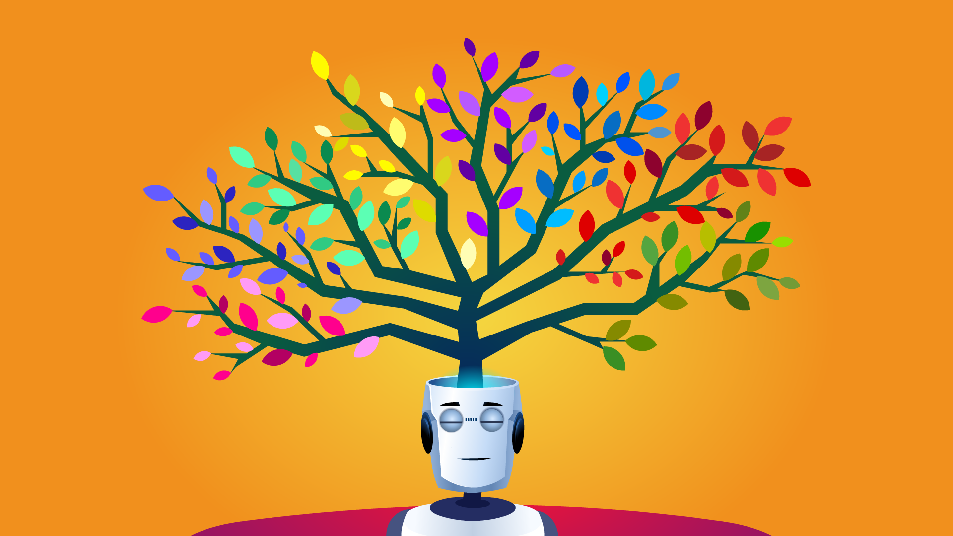 Picture showing Mr. Robot on an orange backdrop. The top of his head is wide open and a tree is coming out of it. Each sticks have leaves of different colors (pink, blue, green, yellow, red, purple, etc.) This picture represent how Percipion, Aeteos NLU solution works. It is not an artificial intelligence (AI), but a cognitive computing solution.