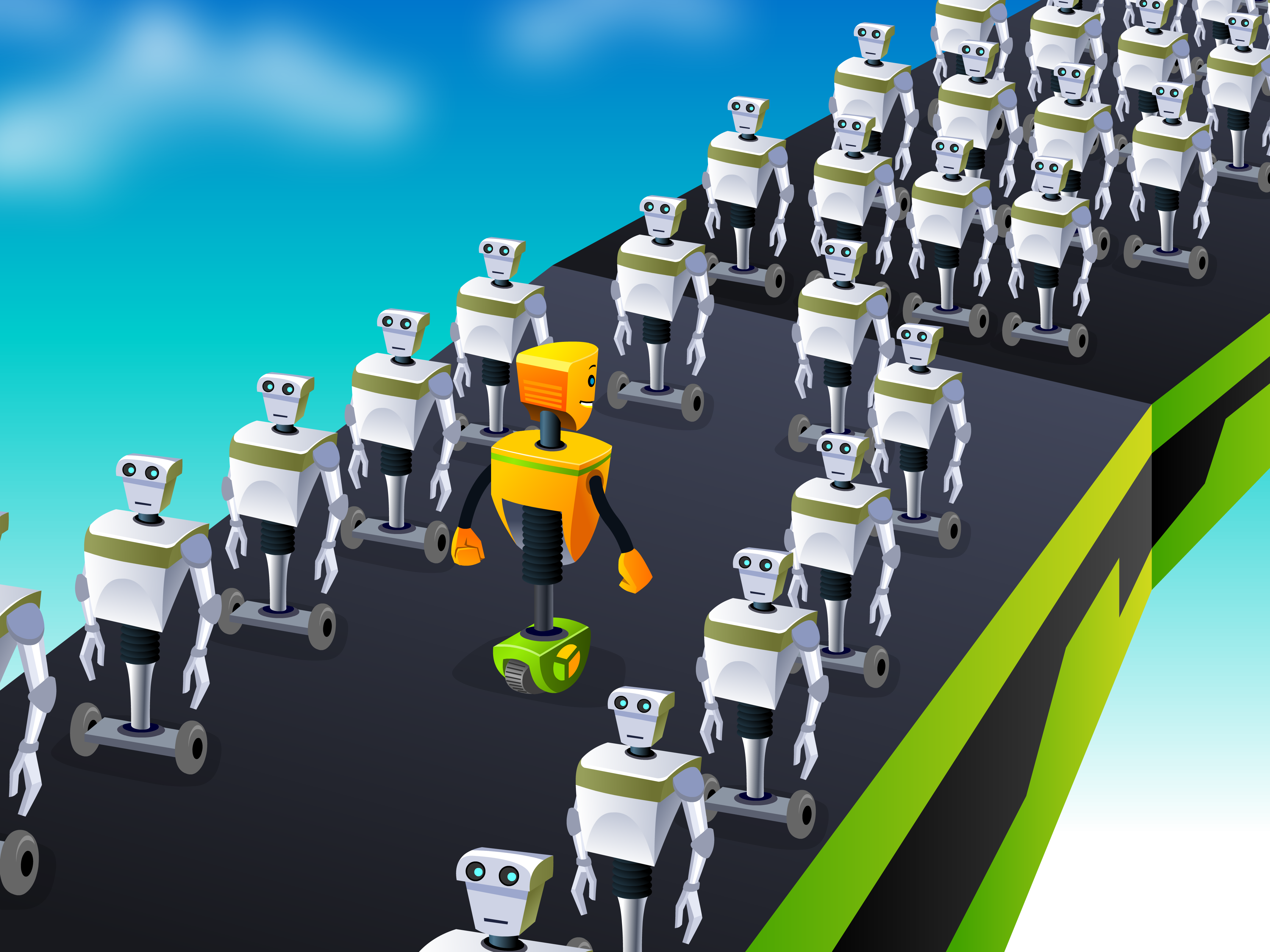 Picture showing grey robots going from the left to right of the pictures. An orange robot named Mister Robot is going against the flow. It pictures Aeteos tagline "Do it different".